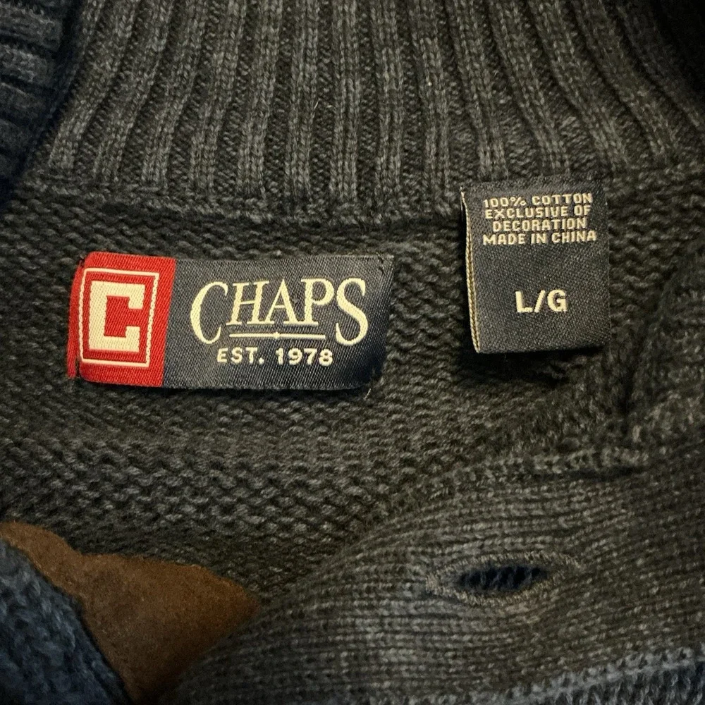 Chaps Henley Sweater Mens L‎ Navy Button Mock Neck Pullover Elbow Patch Preppy